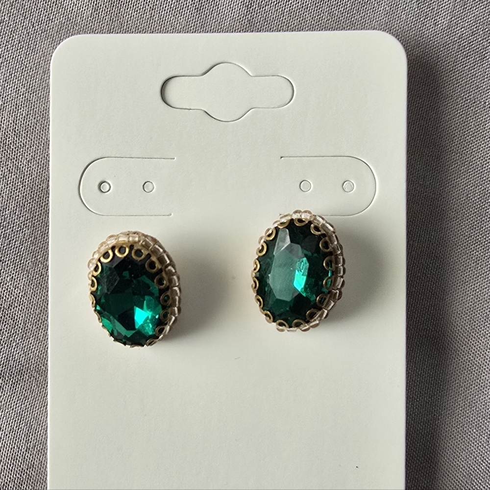 Deepa Gurnari Aria Oval Crystal Stud Earrings In Emerald - Picture 2 of 10